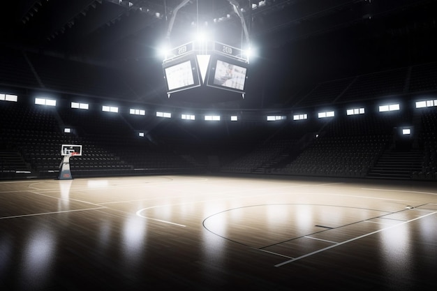 Innenansicht eines beleuchteten Basketballstadions als Spielhintergrund