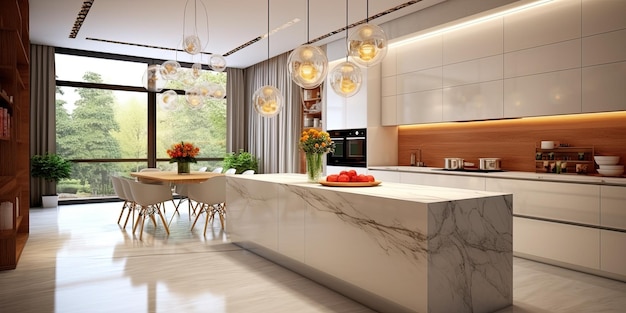 Innenarchitektur der Küche im minimalistischen Stil mit Kücheninsel, die mit Marmor geschmückt ist