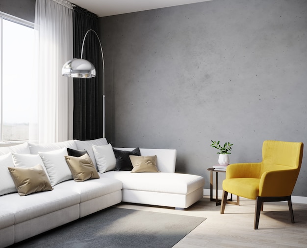 Innenarchitektur der modernen skandinavischen Wohnung mit weißem Sofa und gelbem Sessel, 3D-Rendering des Wohnzimmers