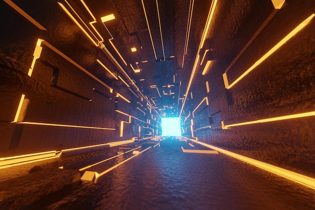 Innenarchitektur des beleuchteten Korridors. Abstrakter futuristischer Tunnel mit hellem Hintergrund. 3D-Rendering