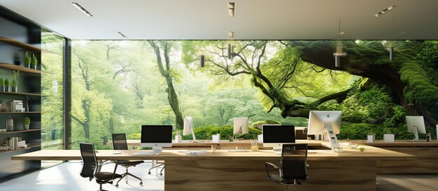 Foto innenarchitektur des büros mit hintergrund von desktop-computer-bildschirm