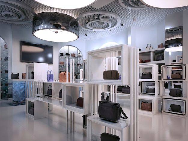 Innenarchitektur des Luxusladens im Art Deco-Stil mit einem Hauch von Zeitgenössischem. Weißer Innenladen mit vielen Regalen. Shop für den Verkauf von Taschen in den Regalen der Handtaschen. 3D-Rendering.