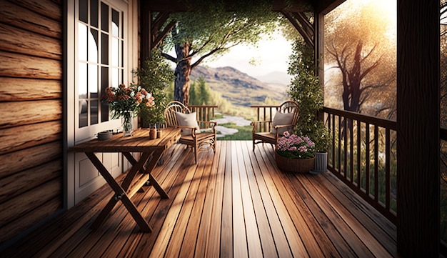 Innenarchitektur des modernen Hauses aus Holz im Freien. AI-generiertes Bild