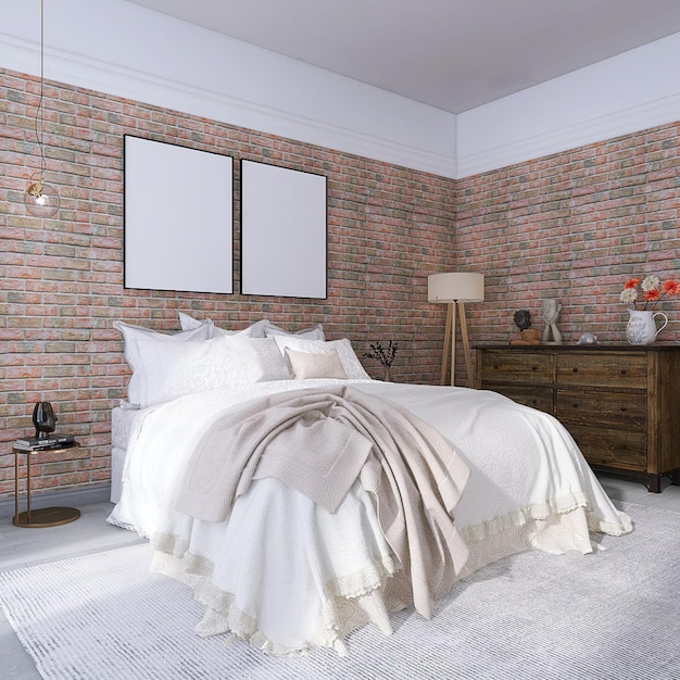 Innenarchitektur des modernen Schlafzimmers mit Modell mit zwei Fotorahmen, Bett, Hintergrund der roten Backsteine