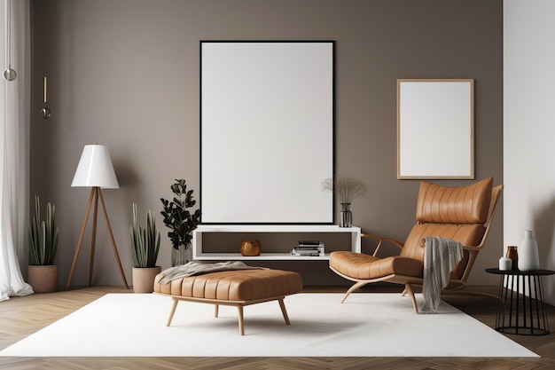 Innenarchitektur des Wohnzimmerinnenraums mit Design-Sessel-Mock-up-Plakatrahmen AI generiert