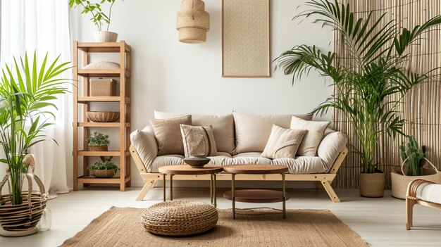 Innenarchitektur des Wohnzimmers mit braunem Holzsofa Generative Ai