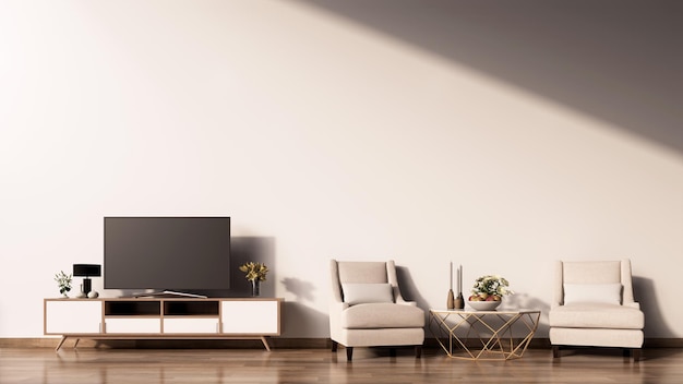 Innenarchitektur des Wohnzimmers mit Fernseher und leerem Wandhintergrund