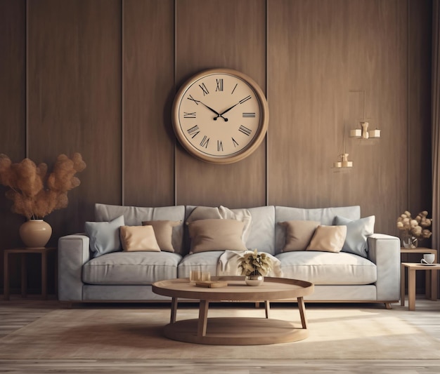 Innenarchitektur des Wohnzimmers mit Sofa und großer Uhr