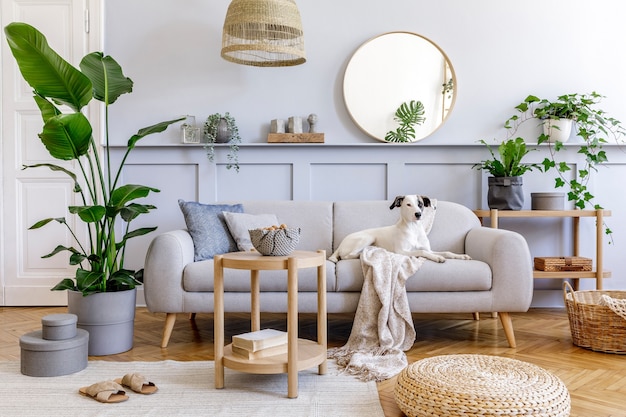 Innenarchitektur des Wohnzimmers mit stilvollem grauem Sofa, Couchtisch, tropischer Pflanze, Spiegel, Dekoration, Kissen und eleganten persönlichen Accessoires in der Wohnkultur. Schöner Hund, der auf der Couch liegt.