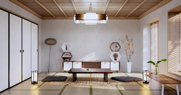 Innenarchitektur des Zen-Raums mit Dekoration im japanischen Stil 3D-Rendering