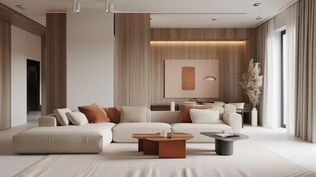 Innenarchitektur einer geräumigen, hellen Wohnung im modernen Stil und in warmen pastellweißen und beigefarbigen Farben ruhiges Luxuskonzept