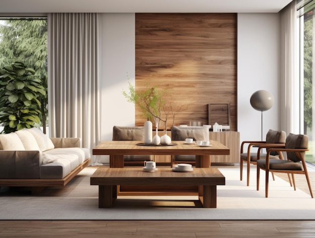 Innenarchitektur einer modernen skandinavischen Wohnung Wohnzimmer und Esszimmer Panorama 3D-Rendering
