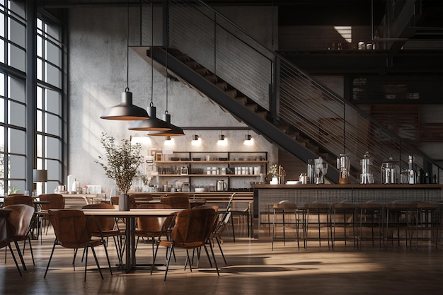 Innenarchitektur eines Cafés, Holzmöbel im Loft-Stil, natürliche Farben, natürliches Licht, erzeugt durch KI