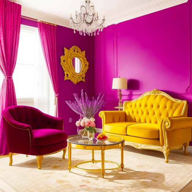 Innenarchitektur eines luxuriösen Wohnzimmers mit Sessel und Lavendeltisch, generiert von KI