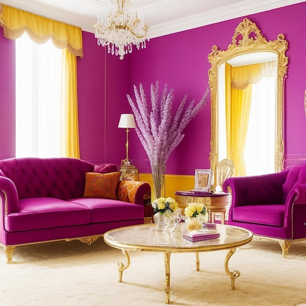 Innenarchitektur eines luxuriösen Wohnzimmers mit Sessel und Lavendeltisch, generiert von KI