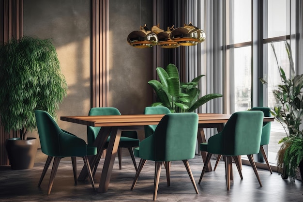 Innenarchitektur eines modernen Esszimmers mit Holztisch und grünen Stühlen. Generative KI