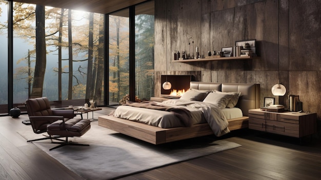 Innenarchitektur eines modernen Schlafzimmers mit Holzplatten, mit einem Kleidertisch und einem Stumpfstuhl