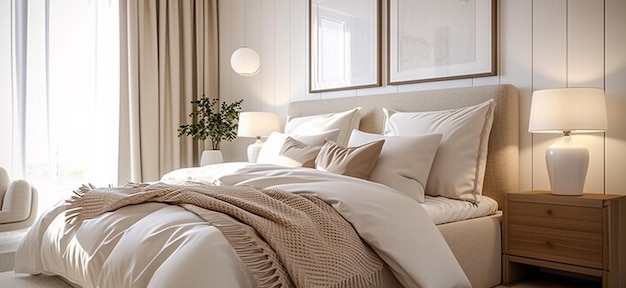 Innenarchitektur eines modernen Schlafzimmers mit weißen und cremigen Kissen auf dem Bett
