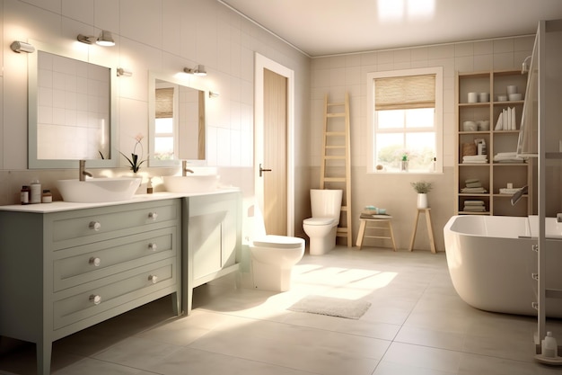 Innenarchitektur eines schönen modernen Badezimmers 3D-Rendering moderner Toilette oder Badezimmer in Hotel oder Haus
