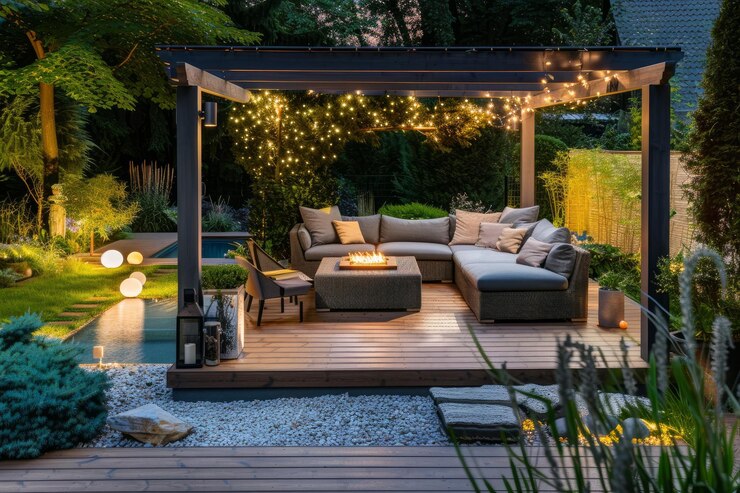 Innenarchitektur eines üppigen Gartens an der Außenseite am Morgen mit einem Teak-Hardholz-Deck und einem schwarzen Per