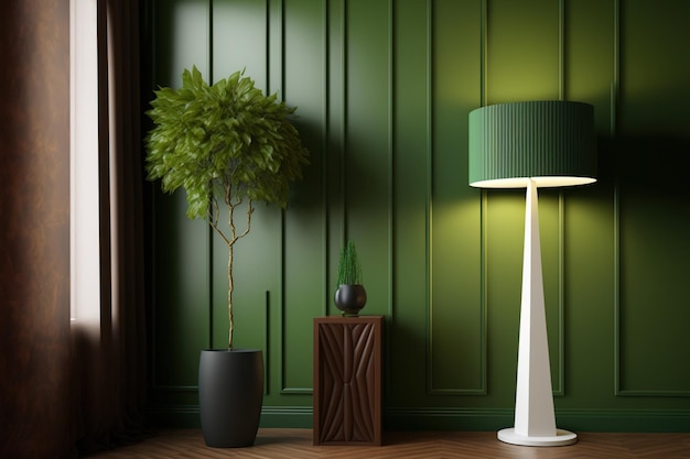 Innenarchitektur eines Wohnzimmers mit einer grünen Wand, einem Holzboden und einer modernen Lampe