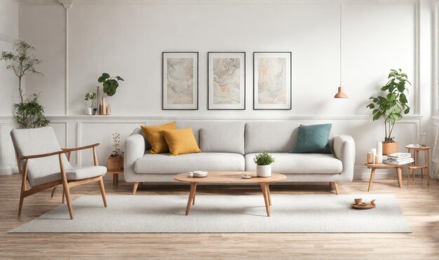 Foto innenarchitektur fotorahmen mockup wohnzimmer minimalistisch gemütlich skandinavischer stil sofa tropischer plan