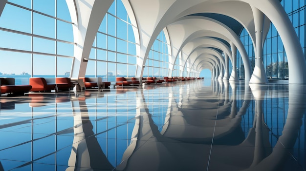 Innenarchitektur im modernen Flughafenarchitekturstil Entwurf und Dekoration mit leerem Leerraum