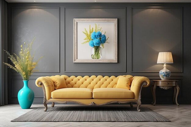 Innenarchitektur mit einem schönen Sofa und einer Vase auf dem interessanten Hintergrund