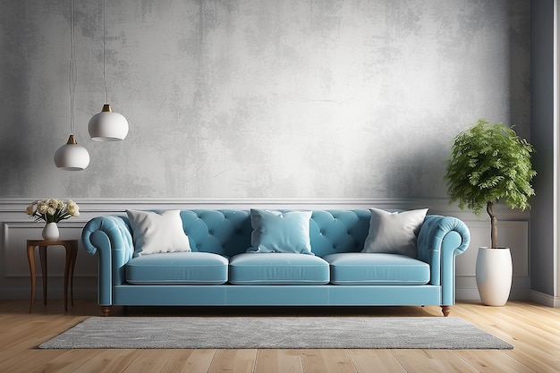 Innenarchitektur mit einem schönen Sofa und einer Vase auf dem interessanten Hintergrund