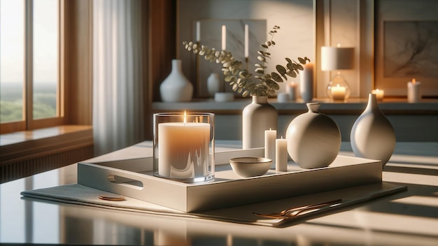 Innenarchitektur mit einem weißen Tablett, das elegant mit einer brennenden aromatischen Kerze geschmückt ist