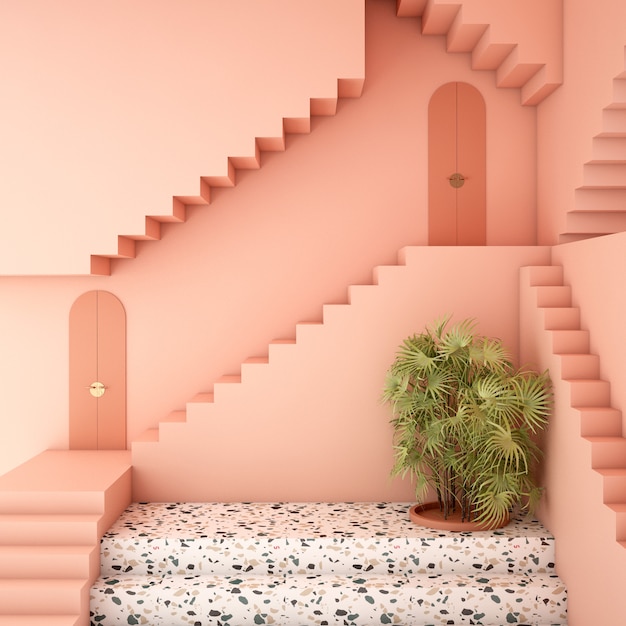 Innenarchitektur mit Pflanzen und rosa Wänden