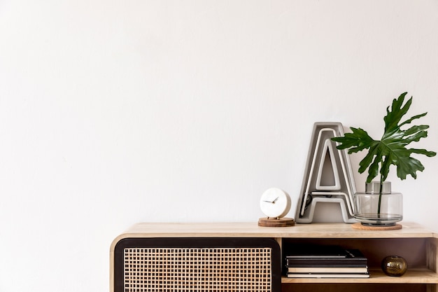 Innenarchitektur mit stilvollem Sideboard im Wohnzimmer Mock-up-Malerei an der Wand Vorlage