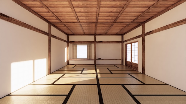 Innenarchitektur, modernes leeres wohnzimmer mit tisch, fußboden tatami-matte. 3d-rendering