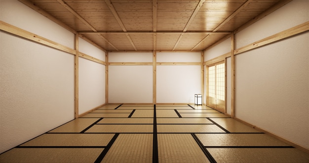 Innenarchitektur, modernes leeres Wohnzimmer mit Tisch, Fußboden Tatami-Matte. 3D-Rendering