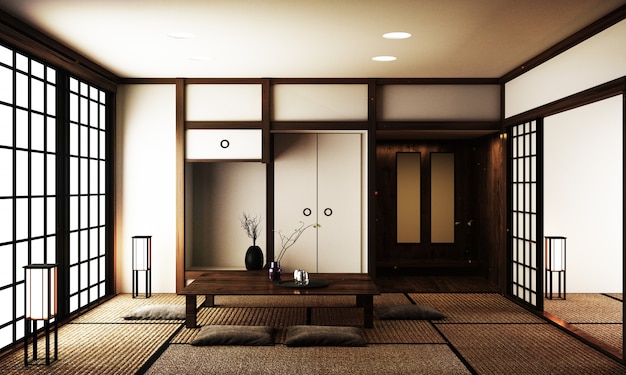 Innenarchitektur, modernes Wohnzimmer mit Tisch auf Tatami-Mattenboden im japanischen Stil.