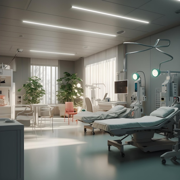 Innenarchitektur und Layout eines modernen zukünftigen medizinischen Zentrums in einer Krankenhausklinik oder einem Gesundheitszentrum