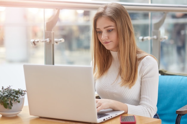 Innenaufnahme des konzentrierten schönen hübschen jungen Mädchens, das am Tisch sitzt, ihren Laptop benutzt, der im Café ist, aufmerksam auf den Bildschirm schaut, Zeit allein verbringt, Aufgaben schreibt, sich auf das Ergebnis konzentriert.