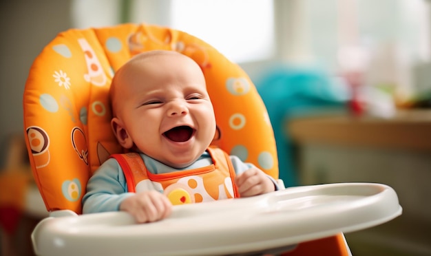 Innenaufnahme eines lächelnden, positiven Babys, das auf einem Stuhl sitzt und Spaß beim Abendessen hat, fröhlich und verspielt