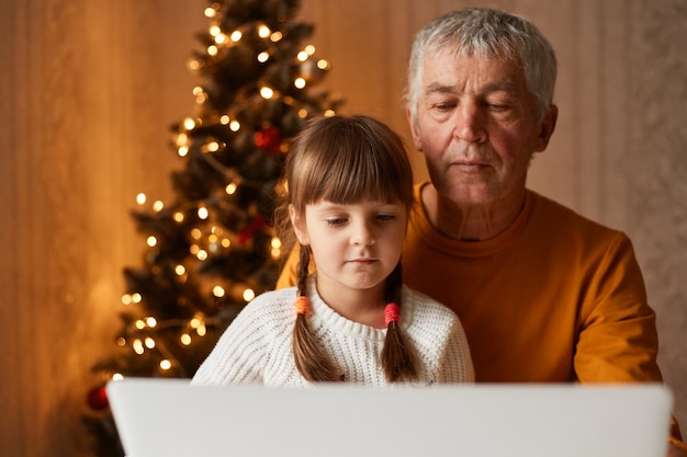 Innenaufnahme eines reifen Mannes mit orangefarbenem Pullover und einem kleinen Mädchen, das vor einem Laptop mit Weihnachtsbaum im Hintergrund sitzt und den Monitor mit ernstem, konzentriertem Ausdruck betrachtet.