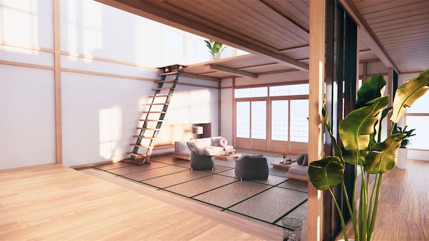 Innenausstattung im ersten Stock im japanischen Stil in einem zweistöckigen Haus. 3D-Rendering