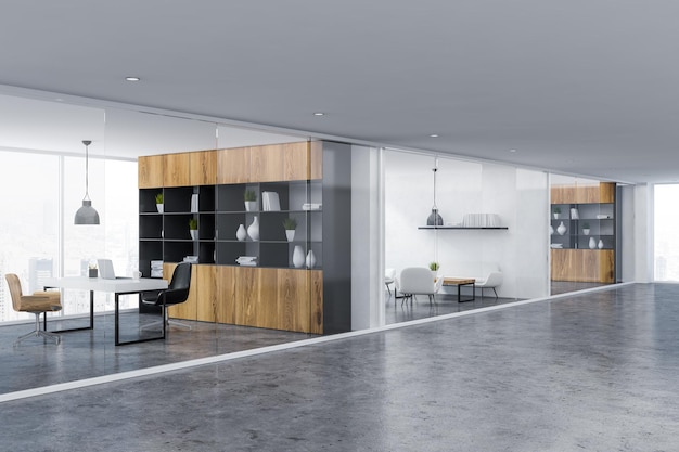 Innenbereich der Bürolobby mit Managerzimmer mit Bücherregal und Tisch aus Holz und Wohnzimmer mit weißem Sofa und Sesseln. 3D-Rendering