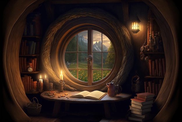 Innenbuch des Hobbit-Hauses und Kerzen auf dem Tisch in der generativen KI der Fantasy-Hütte