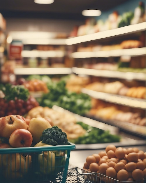 Innendarstellung von Supermarkt und Produkten mit verschwommenem Hintergrund