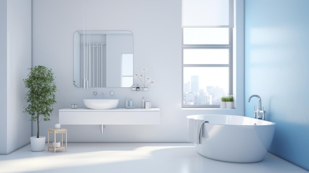 Inneneinrichtung eines modernen, luxuriösen Scandi-Badezimmers mit weißen Wänden und Fenster. Weiße Arbeitsplatte mit schüsselförmigem Waschbecken, rechteckiger Spiegel, freistehende Badewanne. Zeitgenössisches Wohndesign, 3D-Rendering