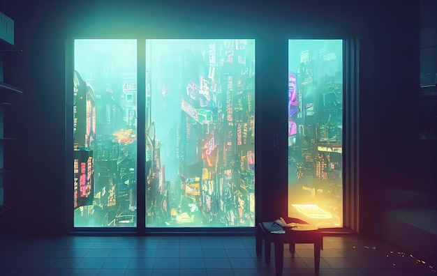 Inneneinrichtung im Anime-Stil Neon-Hintergrundbeleuchtung Konturen Blick aus dem Fenster auf Cyberpunk City