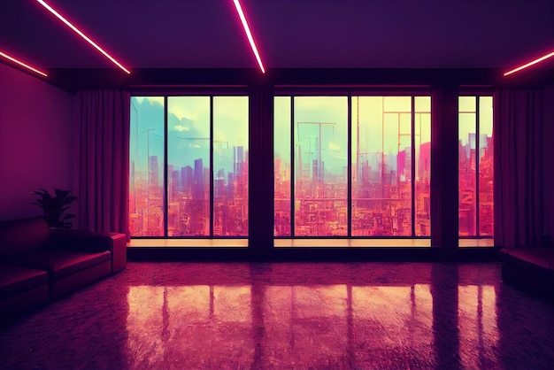 Inneneinrichtung im Anime-Stil Neon-Hintergrundbeleuchtung Konturen Blick aus dem Fenster auf Cyberpunk City