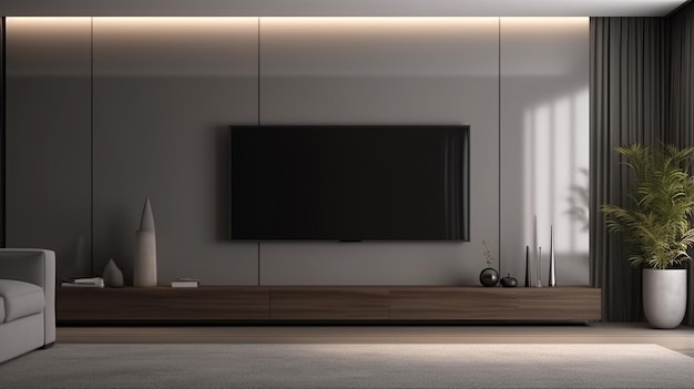 Inneneinrichtung im minimalistischen Stil eines modernen Wohnzimmers mit Fernseher. Innenraum eines Wohnzimmers mit Fernseher