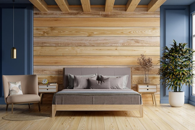 Innenmodell des blauen schlafzimmers mit grauem bett auf leerer holzwand background3d rendering