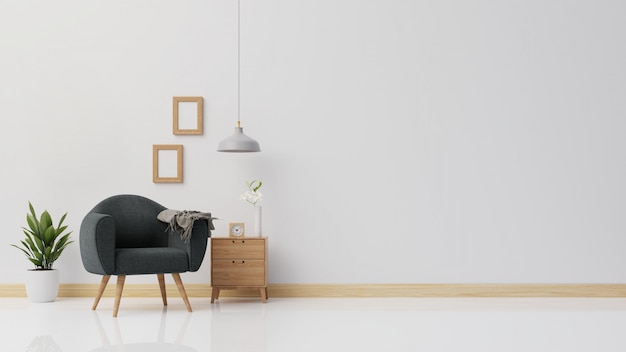 Innenplakat verspotten Wohnzimmer mit dunklem Sessel 3D-Rendering