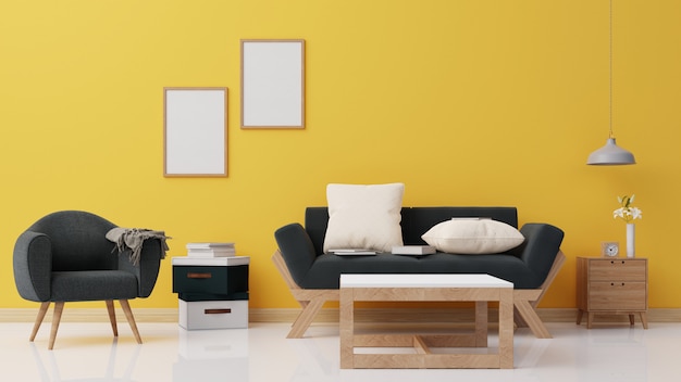 Innenplakat verspotten Wohnzimmer mit dunklem Sessel 3D-Rendering